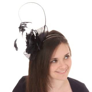 WH92BK - FEATHER FLOWER HEADBAND ON SINAMAY LOOP WITH QUILL